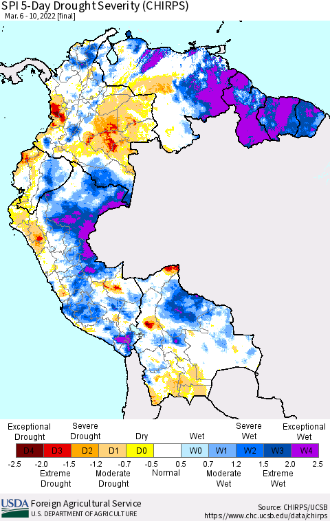 Northern South America SPI 5-Day Drought Severity (CHIRPS) Thematic Map For 3/6/2022 - 3/10/2022