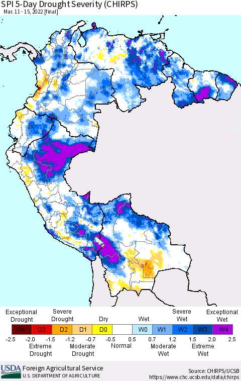 Northern South America SPI 5-Day Drought Severity (CHIRPS) Thematic Map For 3/11/2022 - 3/15/2022