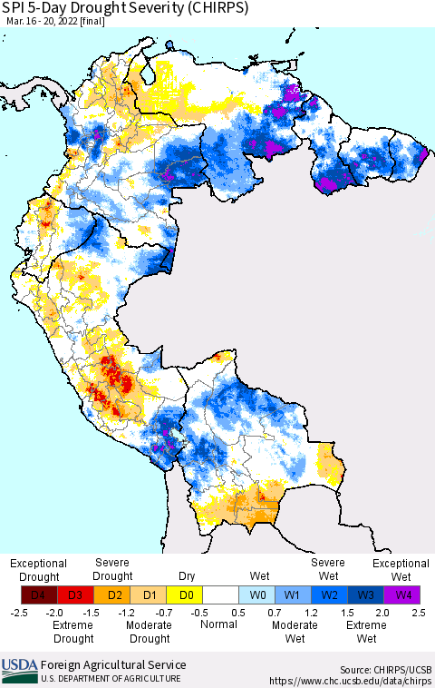 Northern South America SPI 5-Day Drought Severity (CHIRPS) Thematic Map For 3/16/2022 - 3/20/2022