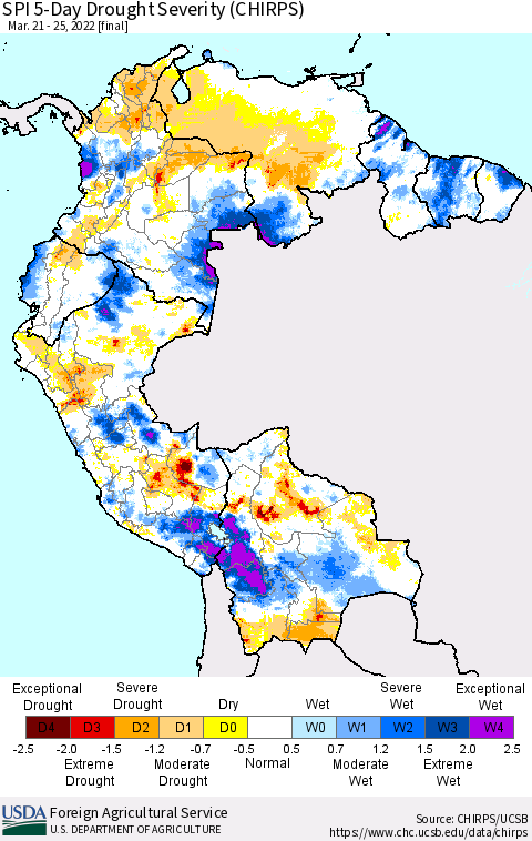 Northern South America SPI 5-Day Drought Severity (CHIRPS) Thematic Map For 3/21/2022 - 3/25/2022