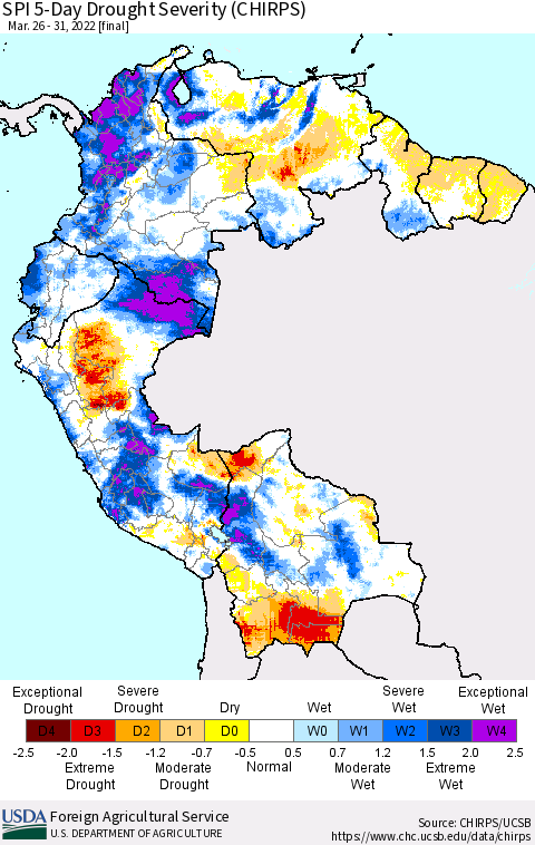 Northern South America SPI 5-Day Drought Severity (CHIRPS) Thematic Map For 3/26/2022 - 3/31/2022