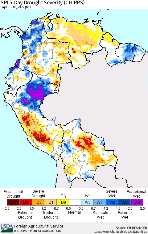 Northern South America SPI 5-Day Drought Severity (CHIRPS) Thematic Map For 4/6/2022 - 4/10/2022