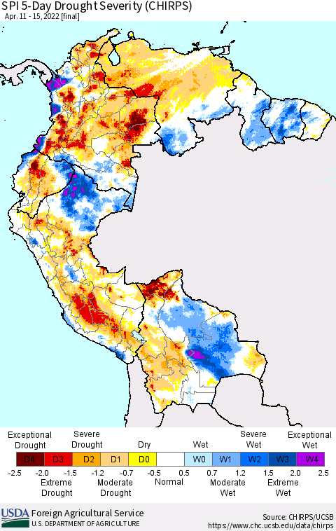 Northern South America SPI 5-Day Drought Severity (CHIRPS) Thematic Map For 4/11/2022 - 4/15/2022