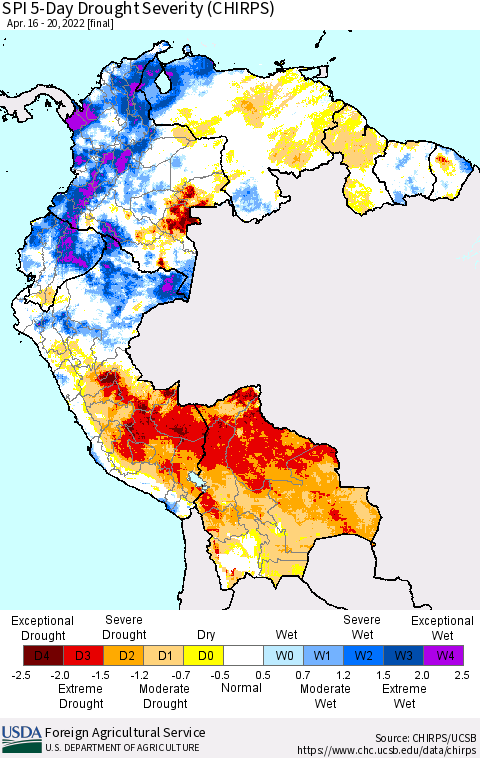 Northern South America SPI 5-Day Drought Severity (CHIRPS) Thematic Map For 4/16/2022 - 4/20/2022
