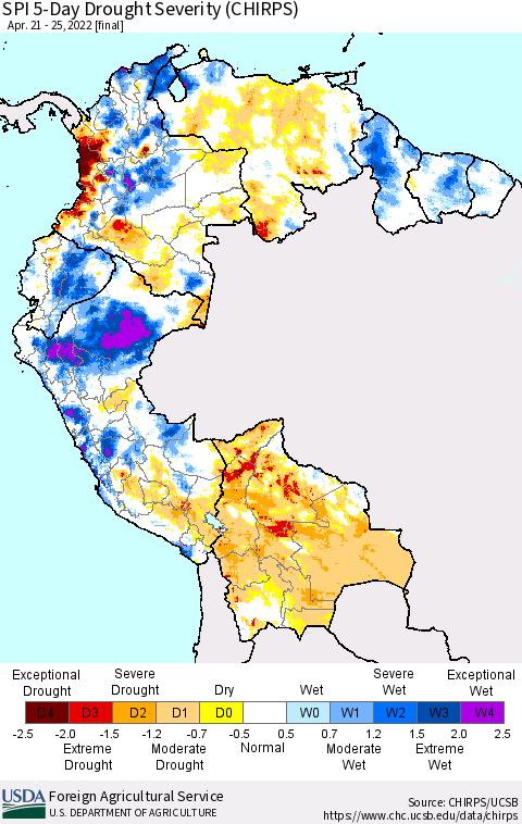 Northern South America SPI 5-Day Drought Severity (CHIRPS) Thematic Map For 4/21/2022 - 4/25/2022