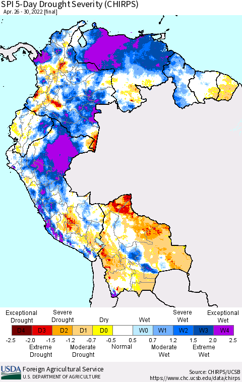 Northern South America SPI 5-Day Drought Severity (CHIRPS) Thematic Map For 4/26/2022 - 4/30/2022