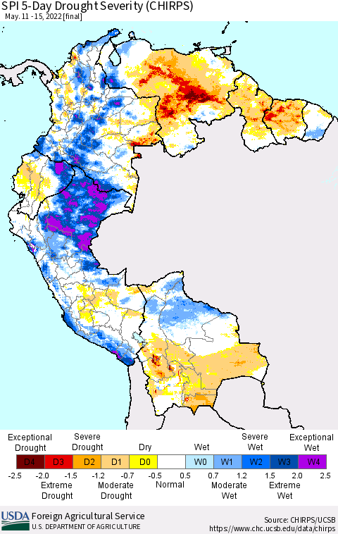 Northern South America SPI 5-Day Drought Severity (CHIRPS) Thematic Map For 5/11/2022 - 5/15/2022