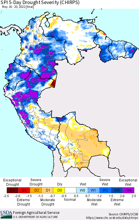 Northern South America SPI 5-Day Drought Severity (CHIRPS) Thematic Map For 5/16/2022 - 5/20/2022