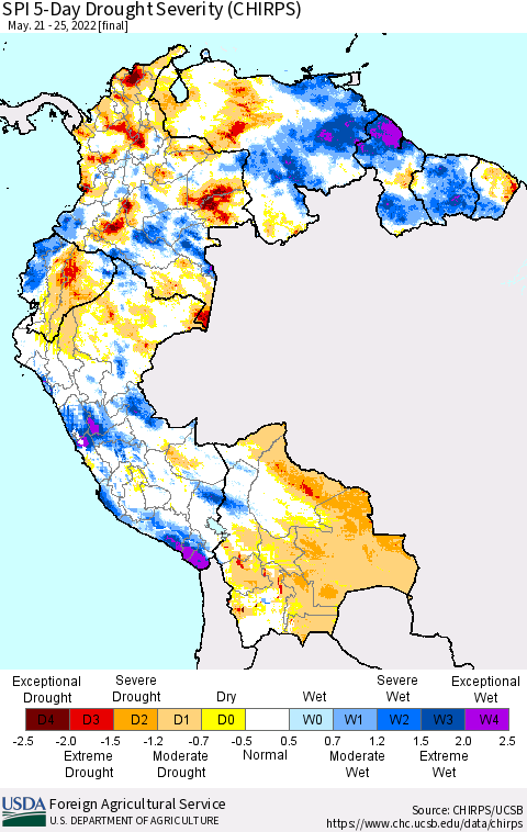Northern South America SPI 5-Day Drought Severity (CHIRPS) Thematic Map For 5/21/2022 - 5/25/2022