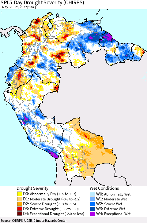 Northern South America SPI 5-Day Drought Severity (CHIRPS) Thematic Map For 5/21/2022 - 5/25/2022