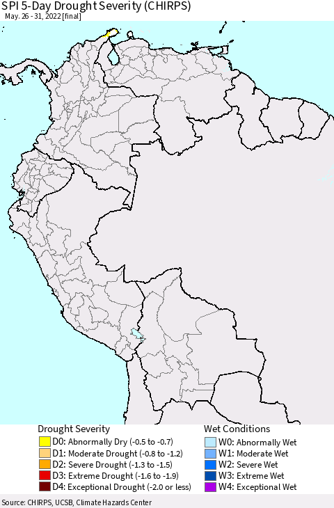 Northern South America SPI 5-Day Drought Severity (CHIRPS) Thematic Map For 5/26/2022 - 5/31/2022