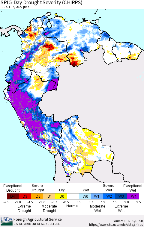 Northern South America SPI 5-Day Drought Severity (CHIRPS) Thematic Map For 6/1/2022 - 6/5/2022