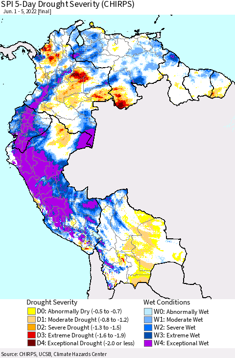 Northern South America SPI 5-Day Drought Severity (CHIRPS) Thematic Map For 6/1/2022 - 6/5/2022