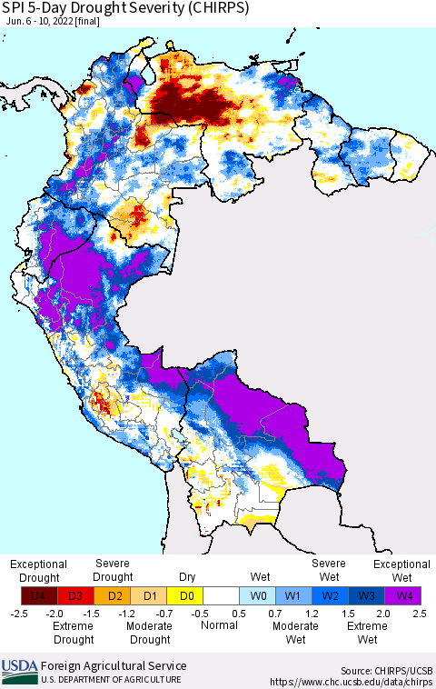 Northern South America SPI 5-Day Drought Severity (CHIRPS) Thematic Map For 6/6/2022 - 6/10/2022
