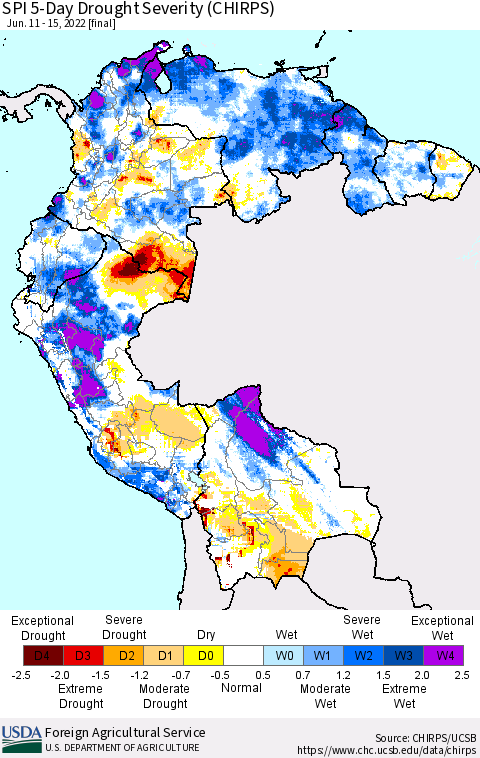 Northern South America SPI 5-Day Drought Severity (CHIRPS) Thematic Map For 6/11/2022 - 6/15/2022