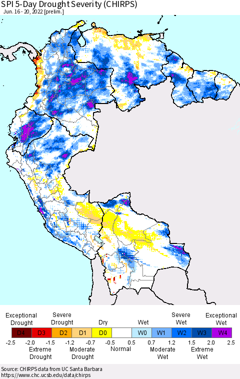 Northern South America SPI 5-Day Drought Severity (CHIRPS) Thematic Map For 6/16/2022 - 6/20/2022