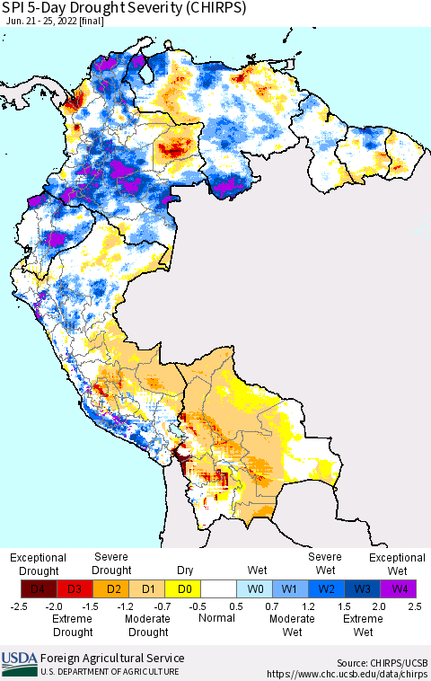 Northern South America SPI 5-Day Drought Severity (CHIRPS) Thematic Map For 6/21/2022 - 6/25/2022