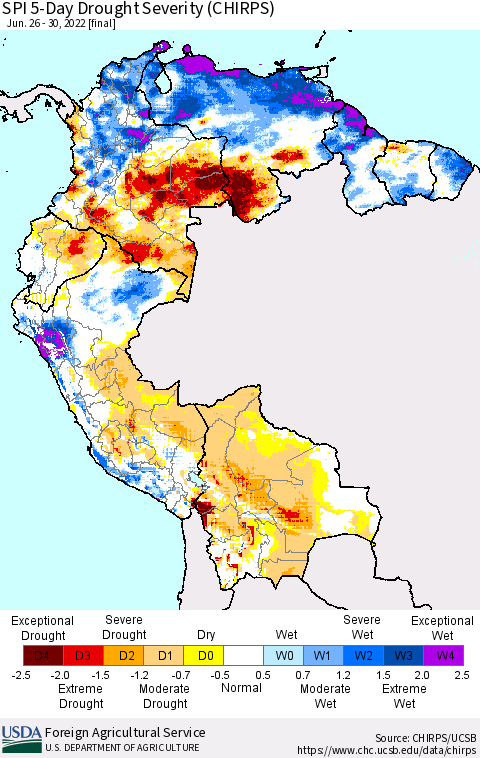 Northern South America SPI 5-Day Drought Severity (CHIRPS) Thematic Map For 6/26/2022 - 6/30/2022