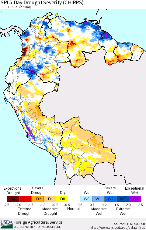 Northern South America SPI 5-Day Drought Severity (CHIRPS) Thematic Map For 7/1/2022 - 7/5/2022