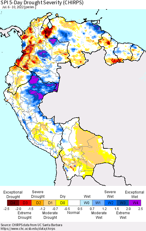Northern South America SPI 5-Day Drought Severity (CHIRPS) Thematic Map For 7/6/2022 - 7/10/2022