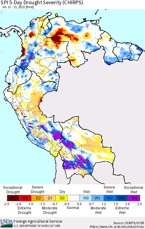 Northern South America SPI 5-Day Drought Severity (CHIRPS) Thematic Map For 7/11/2022 - 7/15/2022