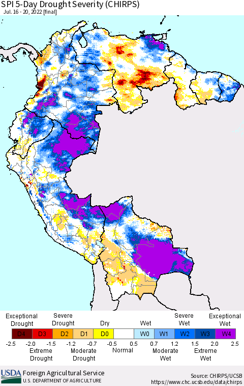 Northern South America SPI 5-Day Drought Severity (CHIRPS) Thematic Map For 7/16/2022 - 7/20/2022