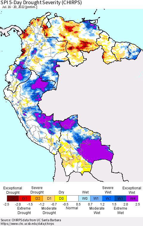 Northern South America SPI 5-Day Drought Severity (CHIRPS) Thematic Map For 7/16/2022 - 7/20/2022