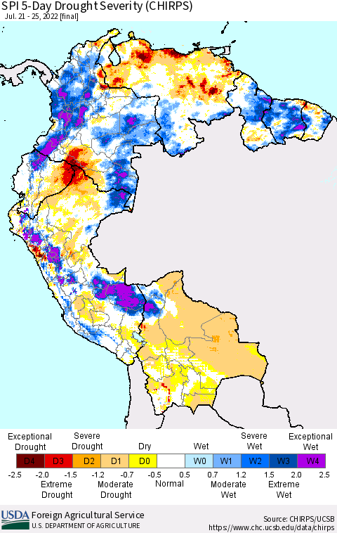 Northern South America SPI 5-Day Drought Severity (CHIRPS) Thematic Map For 7/21/2022 - 7/25/2022
