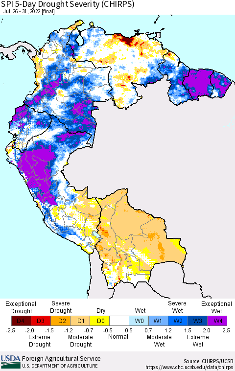 Northern South America SPI 5-Day Drought Severity (CHIRPS) Thematic Map For 7/26/2022 - 7/31/2022