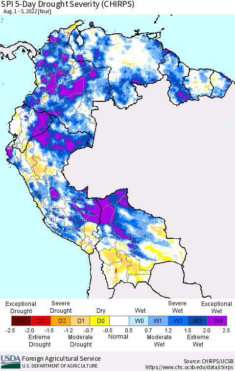 Northern South America SPI 5-Day Drought Severity (CHIRPS) Thematic Map For 8/1/2022 - 8/5/2022
