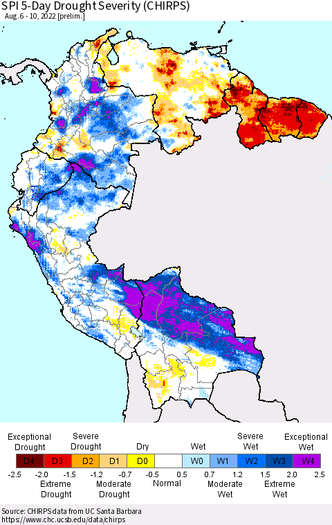 Northern South America SPI 5-Day Drought Severity (CHIRPS) Thematic Map For 8/6/2022 - 8/10/2022