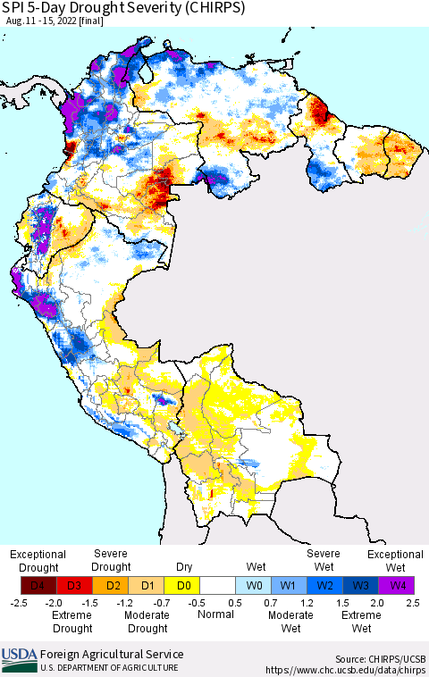 Northern South America SPI 5-Day Drought Severity (CHIRPS) Thematic Map For 8/11/2022 - 8/15/2022