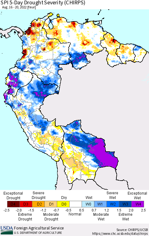 Northern South America SPI 5-Day Drought Severity (CHIRPS) Thematic Map For 8/16/2022 - 8/20/2022