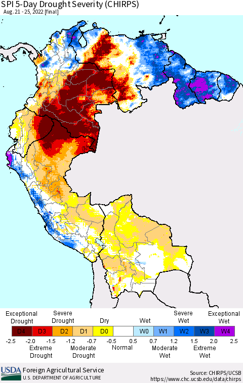Northern South America SPI 5-Day Drought Severity (CHIRPS) Thematic Map For 8/21/2022 - 8/25/2022