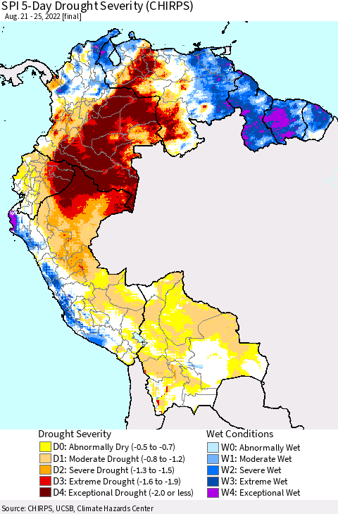 Northern South America SPI 5-Day Drought Severity (CHIRPS) Thematic Map For 8/21/2022 - 8/25/2022