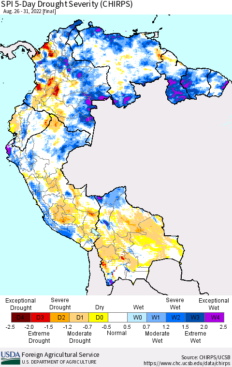 Northern South America SPI 5-Day Drought Severity (CHIRPS) Thematic Map For 8/26/2022 - 8/31/2022