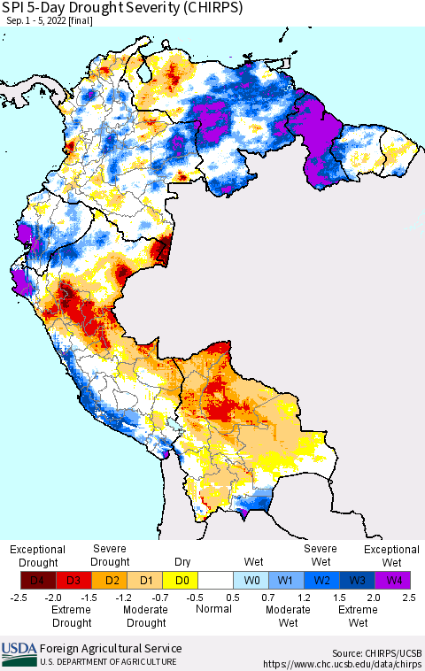 Northern South America SPI 5-Day Drought Severity (CHIRPS) Thematic Map For 9/1/2022 - 9/5/2022
