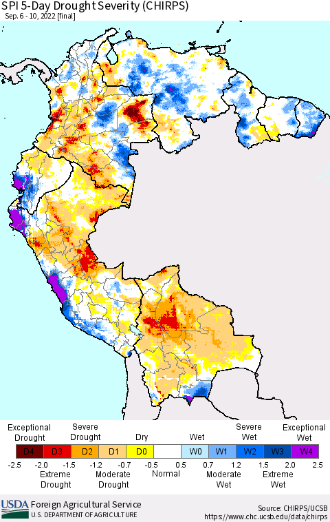 Northern South America SPI 5-Day Drought Severity (CHIRPS) Thematic Map For 9/6/2022 - 9/10/2022