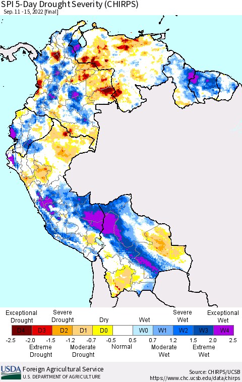 Northern South America SPI 5-Day Drought Severity (CHIRPS) Thematic Map For 9/11/2022 - 9/15/2022