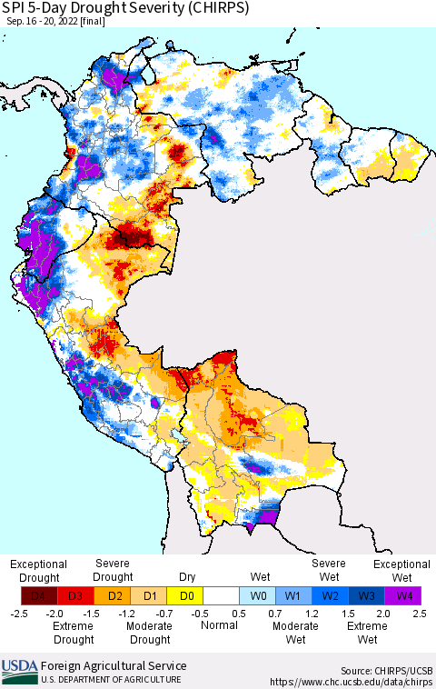 Northern South America SPI 5-Day Drought Severity (CHIRPS) Thematic Map For 9/16/2022 - 9/20/2022