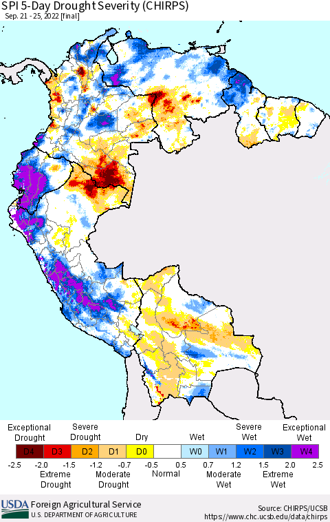 Northern South America SPI 5-Day Drought Severity (CHIRPS) Thematic Map For 9/21/2022 - 9/25/2022