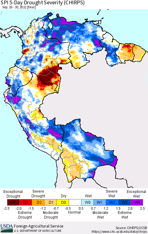 Northern South America SPI 5-Day Drought Severity (CHIRPS) Thematic Map For 9/26/2022 - 9/30/2022