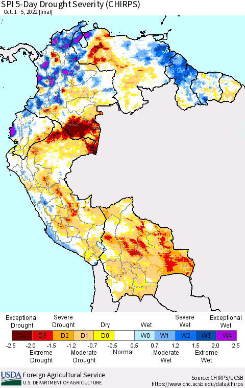 Northern South America SPI 5-Day Drought Severity (CHIRPS) Thematic Map For 10/1/2022 - 10/5/2022