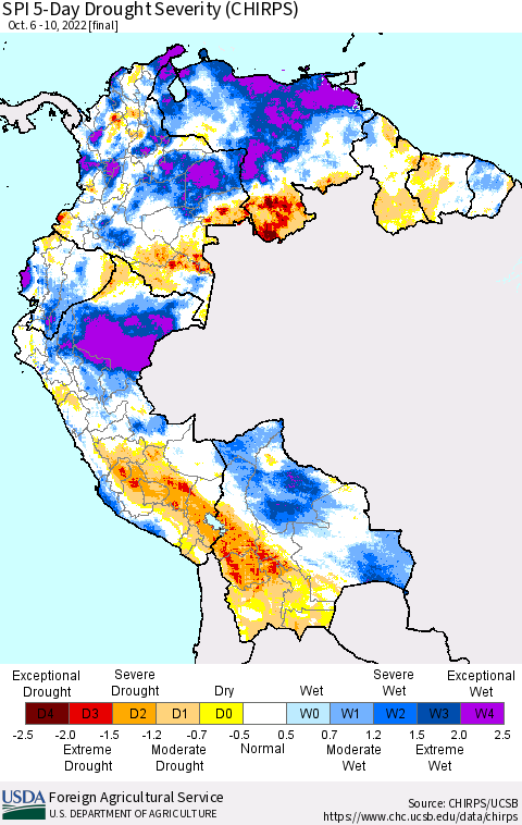 Northern South America SPI 5-Day Drought Severity (CHIRPS) Thematic Map For 10/6/2022 - 10/10/2022
