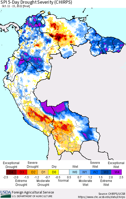 Northern South America SPI 5-Day Drought Severity (CHIRPS) Thematic Map For 10/11/2022 - 10/15/2022