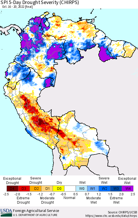 Northern South America SPI 5-Day Drought Severity (CHIRPS) Thematic Map For 10/16/2022 - 10/20/2022