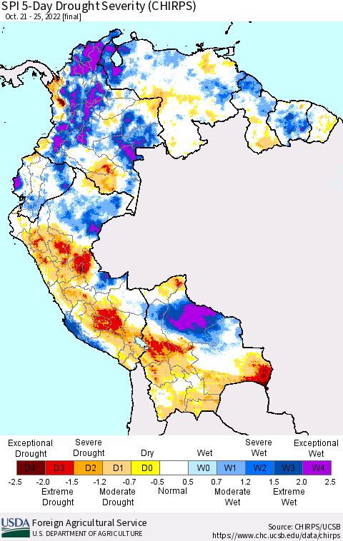 Northern South America SPI 5-Day Drought Severity (CHIRPS) Thematic Map For 10/21/2022 - 10/25/2022
