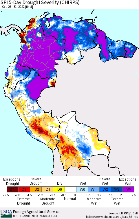 Northern South America SPI 5-Day Drought Severity (CHIRPS) Thematic Map For 10/26/2022 - 10/31/2022
