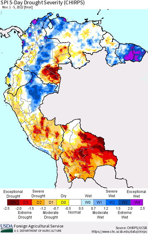 Northern South America SPI 5-Day Drought Severity (CHIRPS) Thematic Map For 11/1/2022 - 11/5/2022