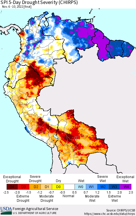 Northern South America SPI 5-Day Drought Severity (CHIRPS) Thematic Map For 11/6/2022 - 11/10/2022